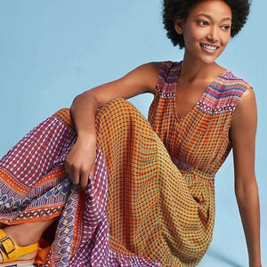 Anthropologie Multicolor Bohemian Maxi Dress — Mustard, Purple, Pink